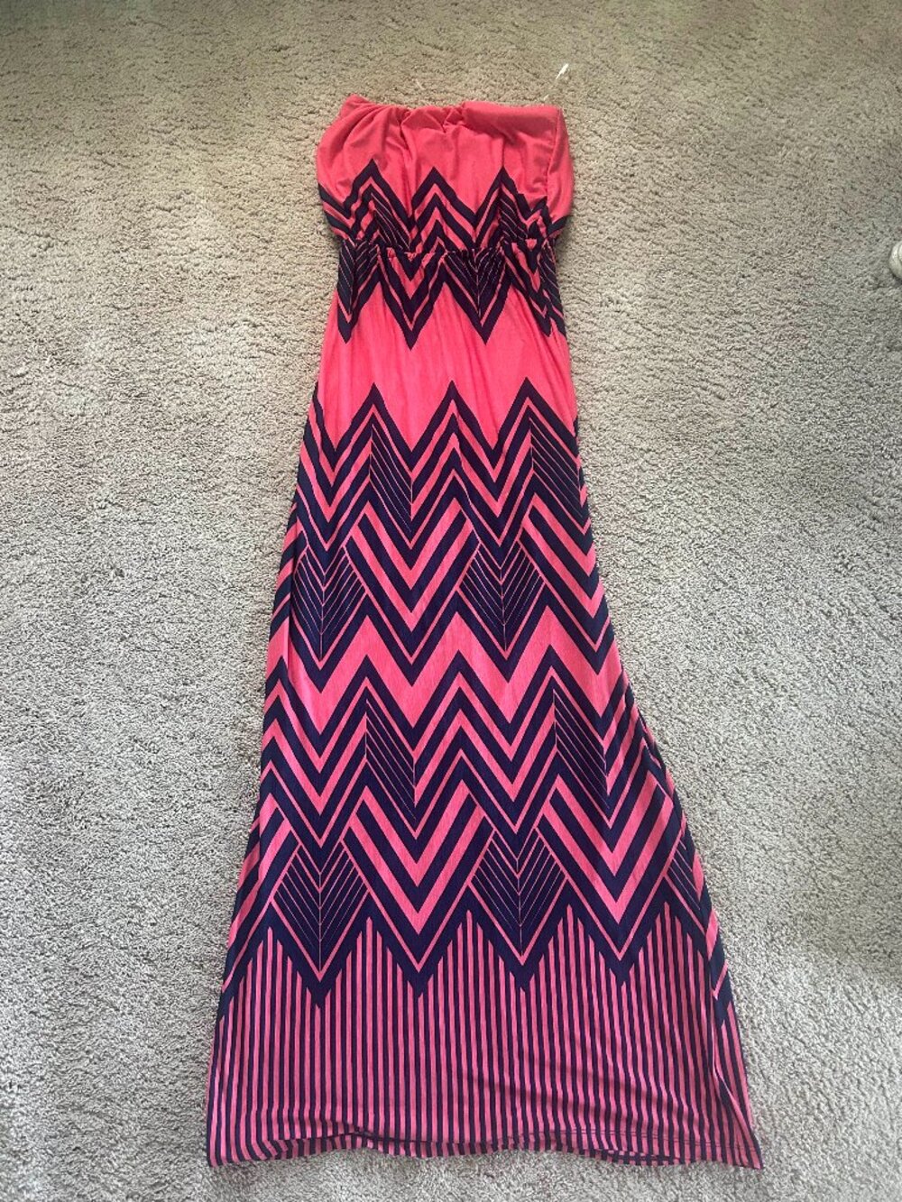 Trixxi Coral and Blue Strapless Maxi Dress with Geometric Print